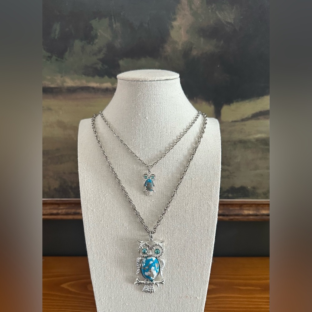 Vintage Mama&Baby Owl Double Strand Silver Tone Necklace Faux Turquoise 20”